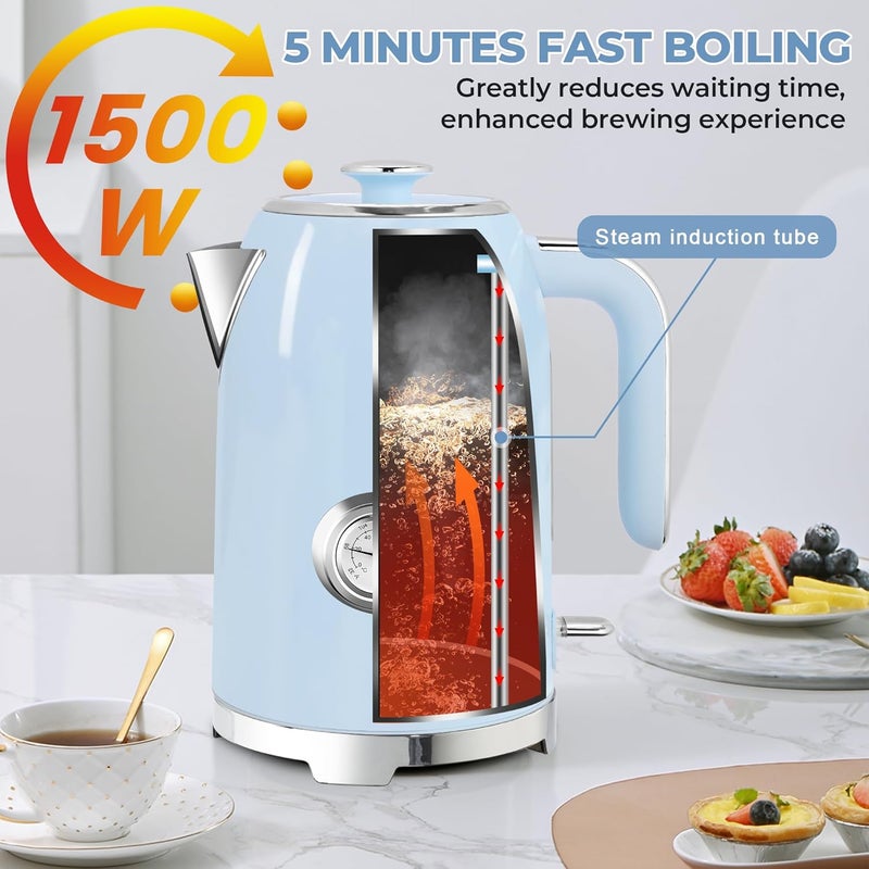 susteas Electric Kettle - 57oz Hot Tea Kettle Water Boiler with Thermometer, 1500W Fast Heating Stainless Steel Tea Pot, Cordless with LED Indicator, Auto Shut-Off & Boil Dry Protection, Blue - Image 3